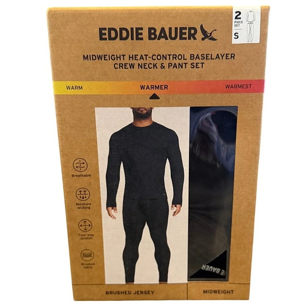 Eddie Bauer Mens Midweight Heat-Control Baselayer Crew Neck & Pant Set Black S
